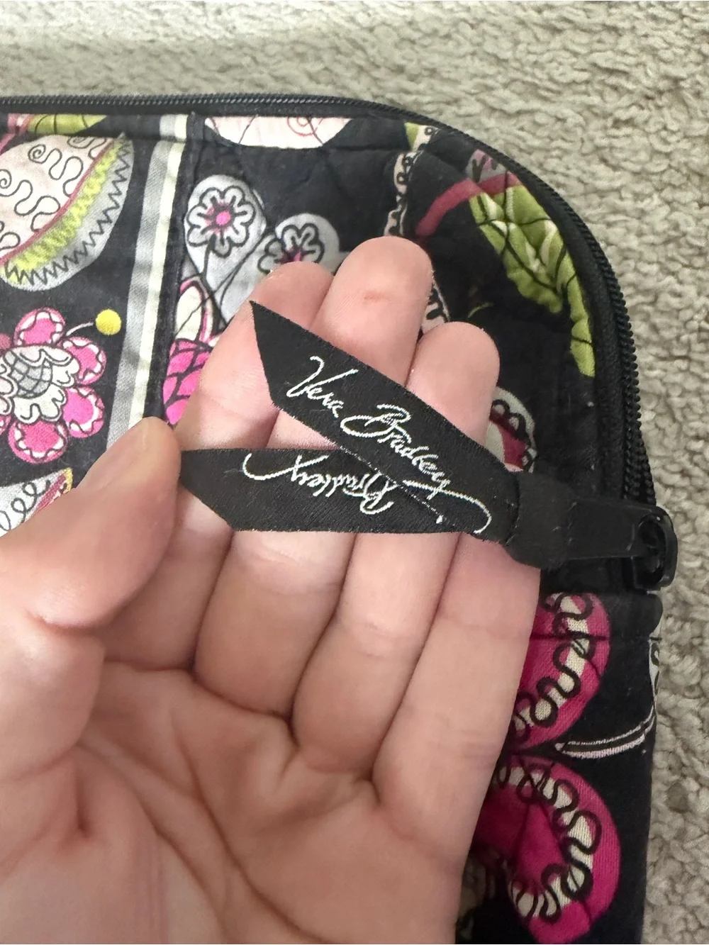 Vera Bradley Black Floral Large Cosmetic Bag Zip Pouch